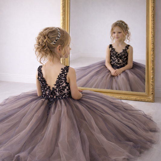 Smoky Taupe & Black Lace Tulle Ball Gown