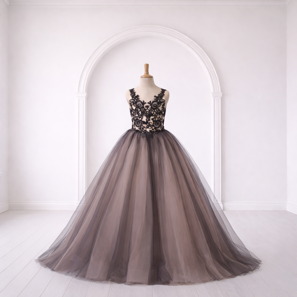 Smoky Taupe & Black Lace Tulle Ball Gown