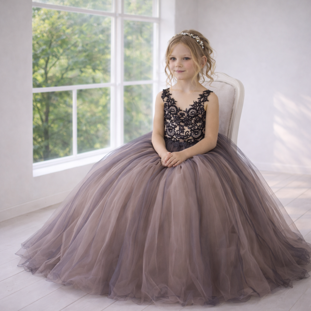 Smoky Taupe & Black Lace Tulle Ball Gown