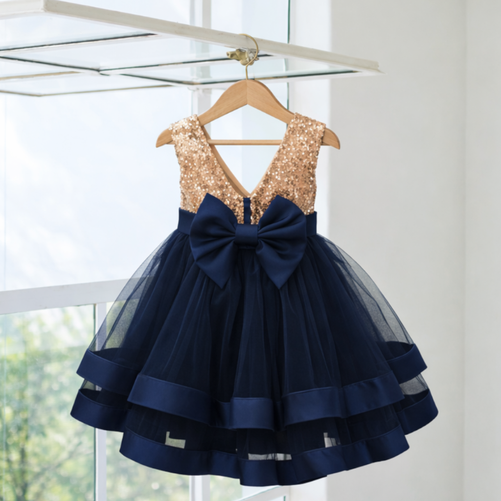 Navy Party Dress with Statement Back Bow