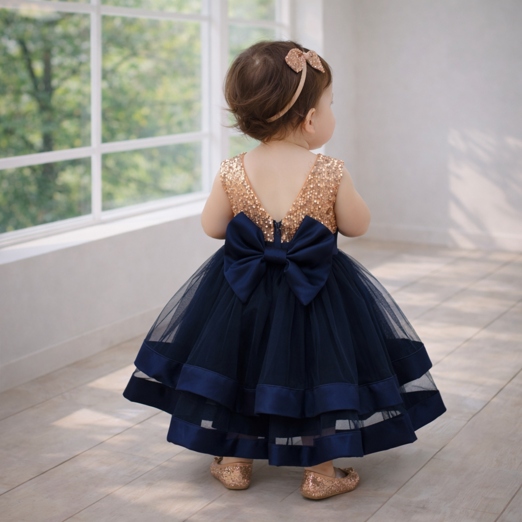 Navy Party Dress with Statement Back Bow