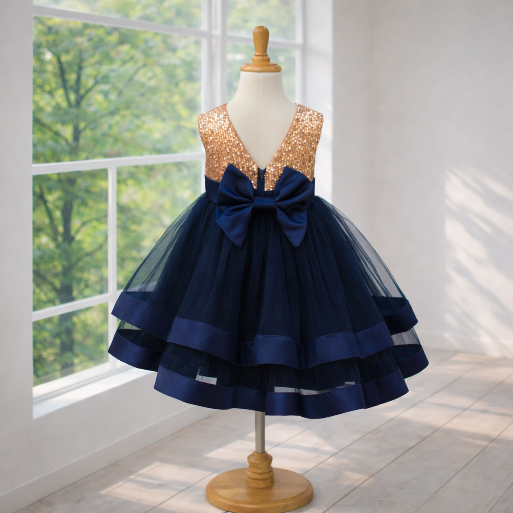 Navy Party Dress with Statement Back Bow