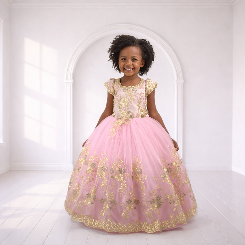 Luxury Pink Ball Gown with Gold Floral Lace