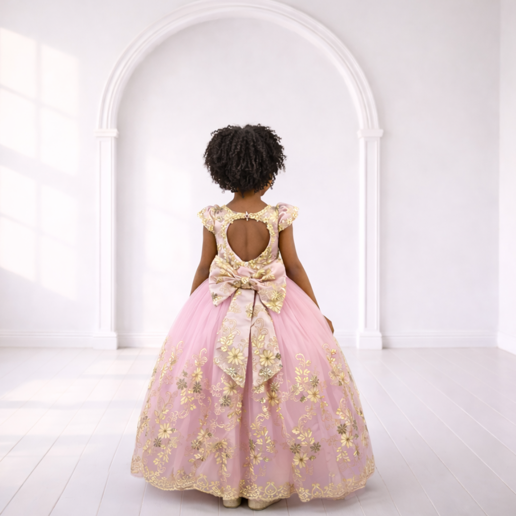 Luxury Pink Ball Gown with Gold Floral Lace
