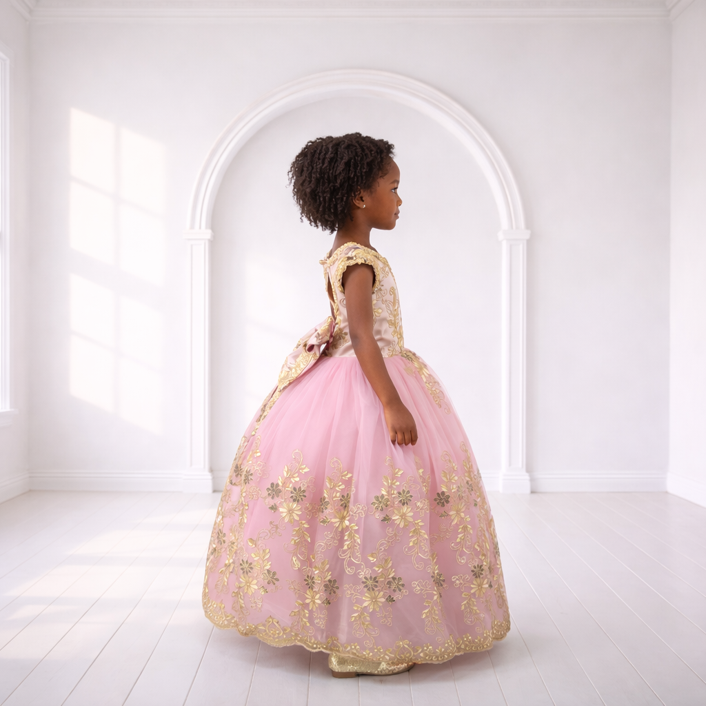 Luxury Pink Ball Gown with Gold Floral Lace