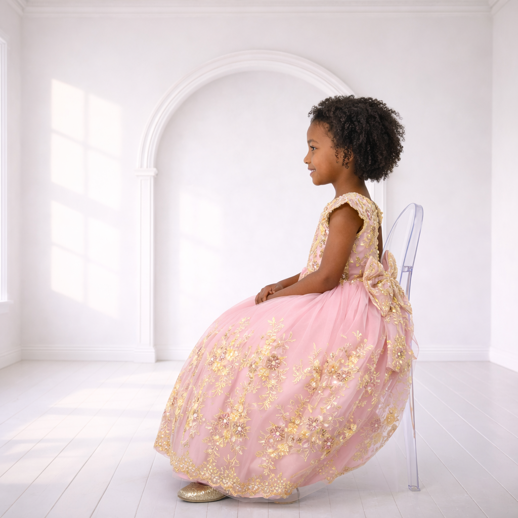 Luxury Pink Ball Gown with Gold Floral Lace