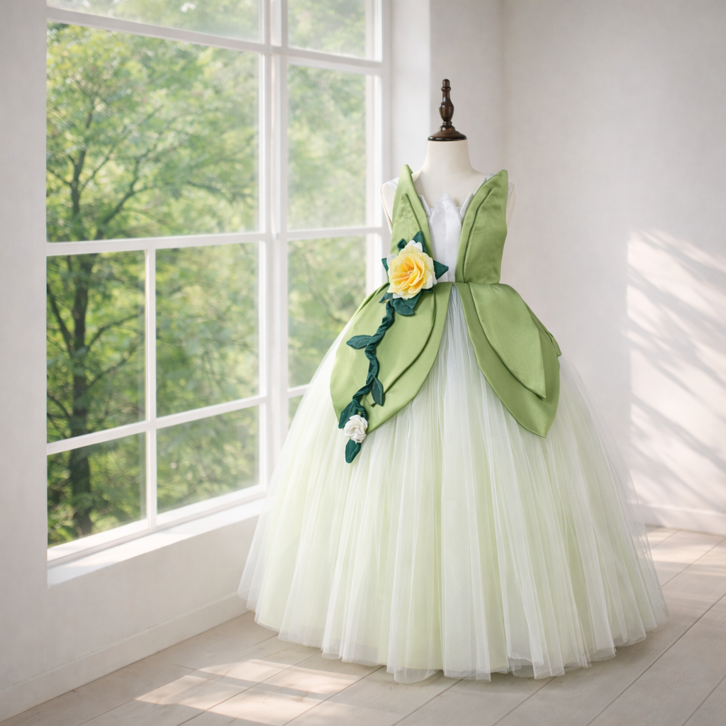 Forest Fairy Couture Tutu Dress in Soft Yellow, White, and Leaf Green