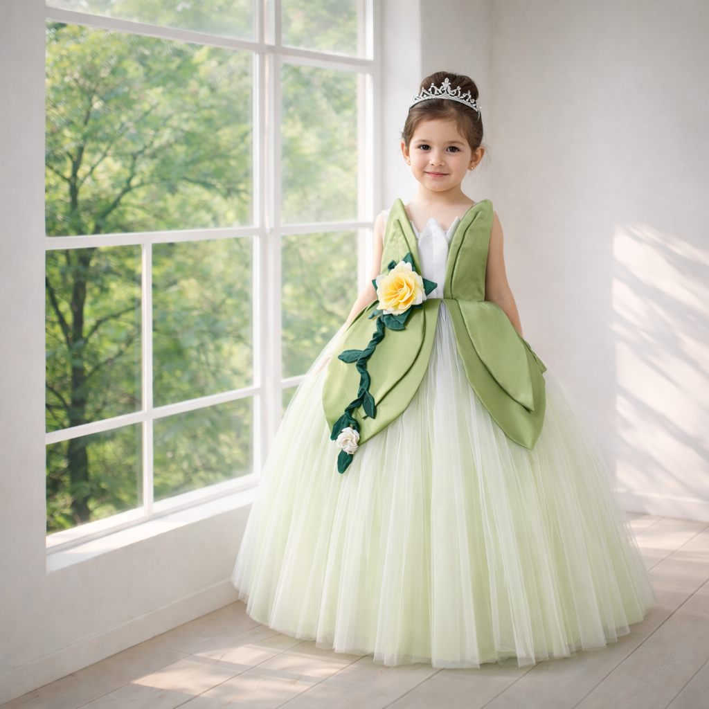 Forest Fairy Couture Tutu Dress in Soft Yellow, White, and Leaf Green