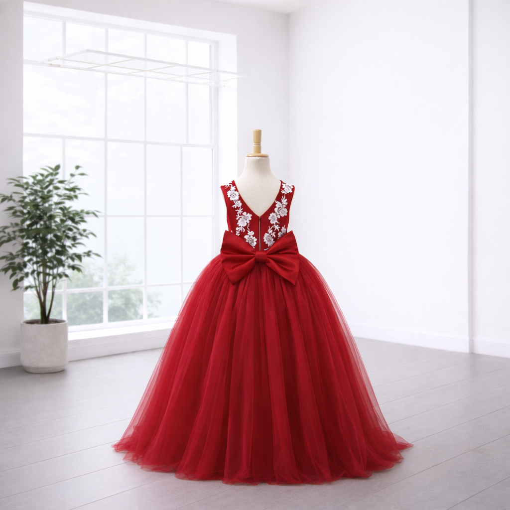 Red Tulle Flower Girl Gown with Ivory Beaded Floral Lace