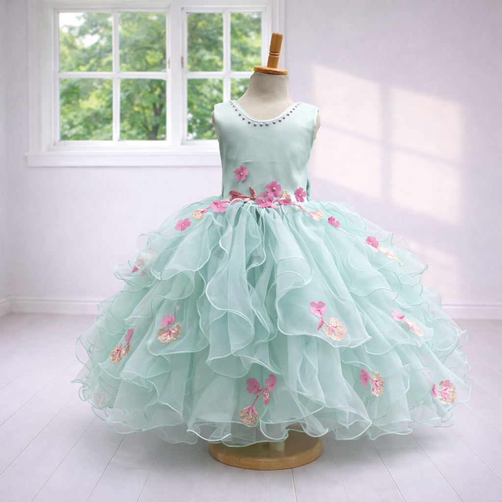 Pastel Mint Green Occasion Dress with Floral Appliqué