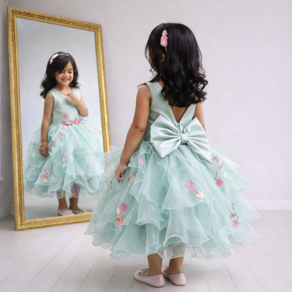 Pastel Mint Green Occasion Dress with Floral Appliqué