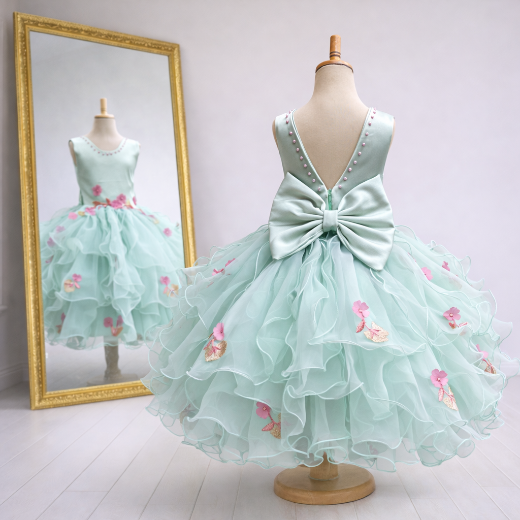 Pastel Mint Green Occasion Dress with Floral Appliqué