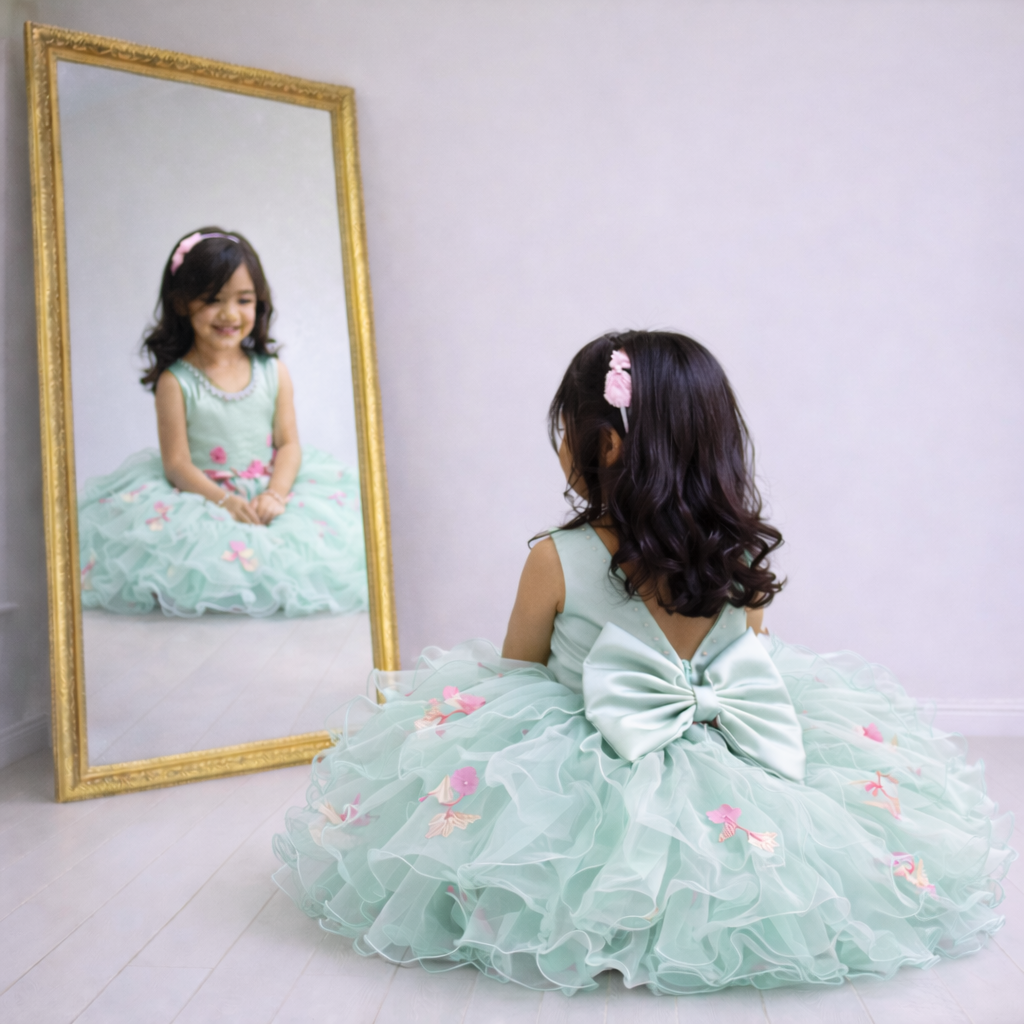 Pastel Mint Green Occasion Dress with Floral Appliqué