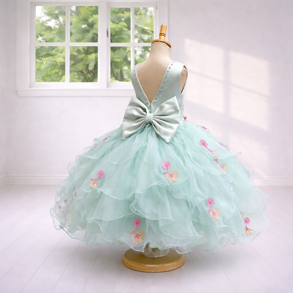 Pastel Mint Green Occasion Dress with Floral Appliqué
