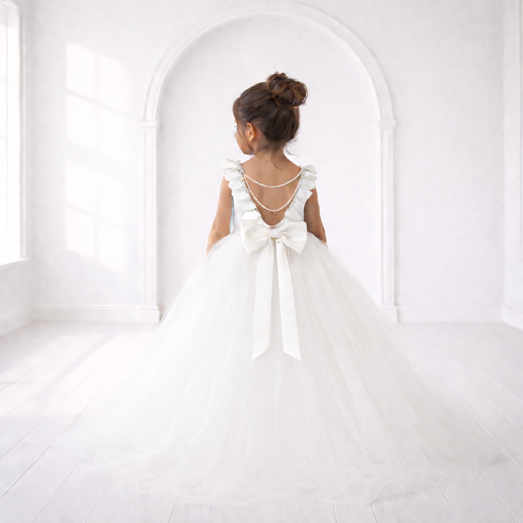 White Pearl-Back Flower Girl Dress
