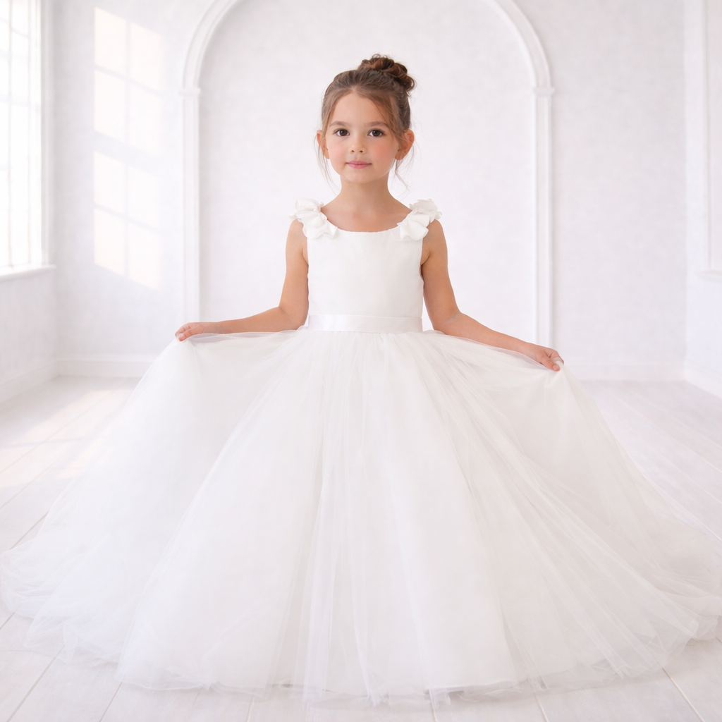 White Pearl-Back Flower Girl Dress