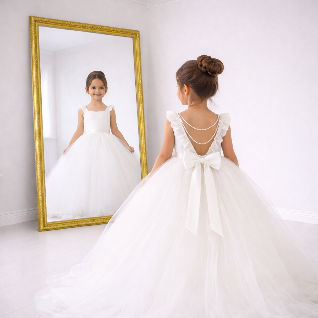 White Pearl-Back Flower Girl Dress