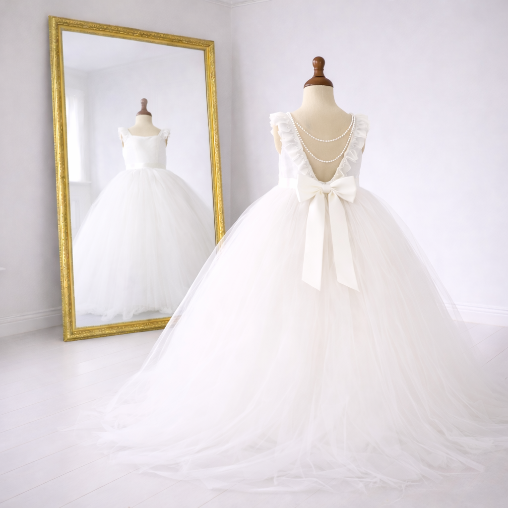 White Pearl-Back Flower Girl Dress