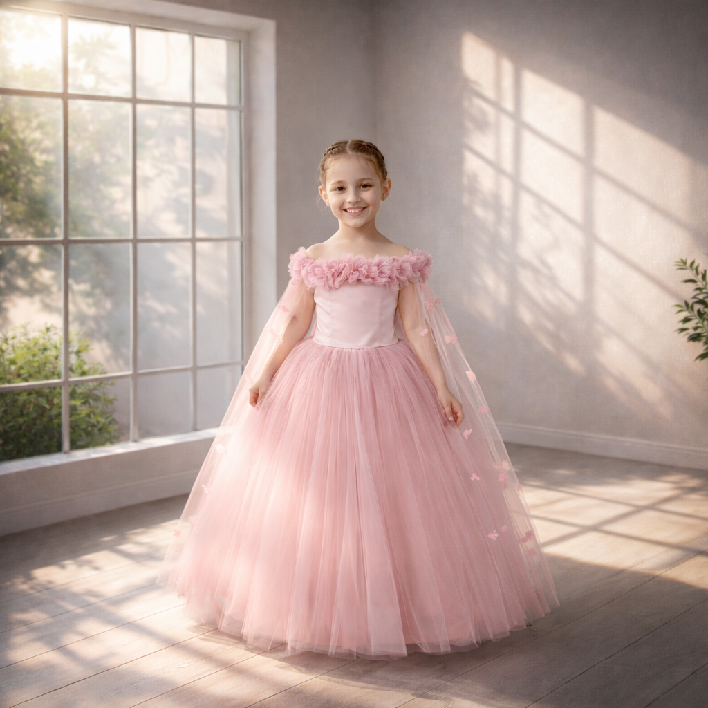 Blush Pink Floral Ball Gown for Girls