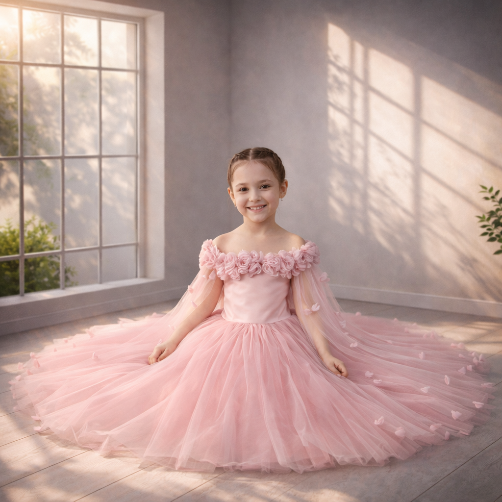 Blush Pink Floral Ball Gown for Girls