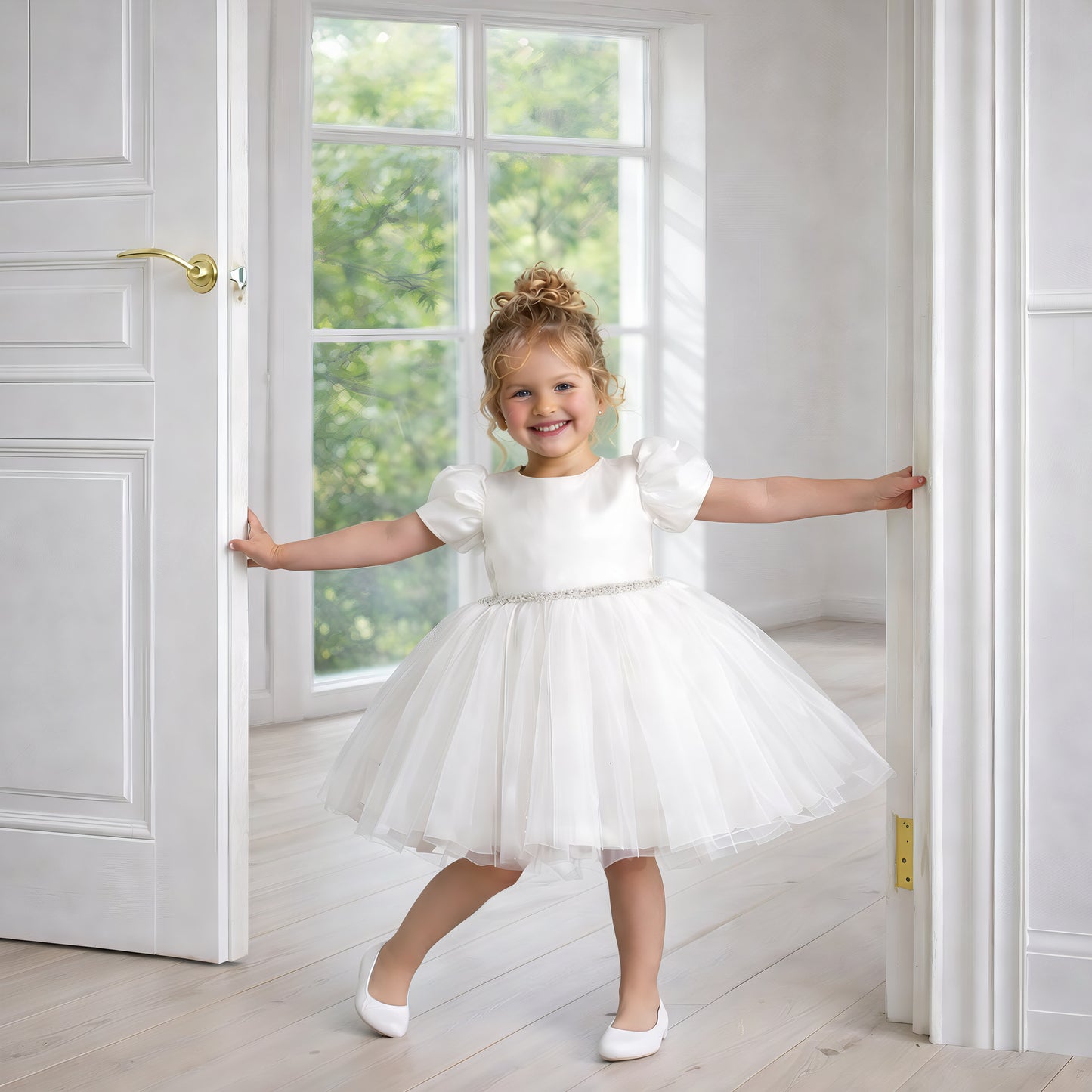 Ivory Satin Puff Sleeve Tutu Dress with Oversized Bow
