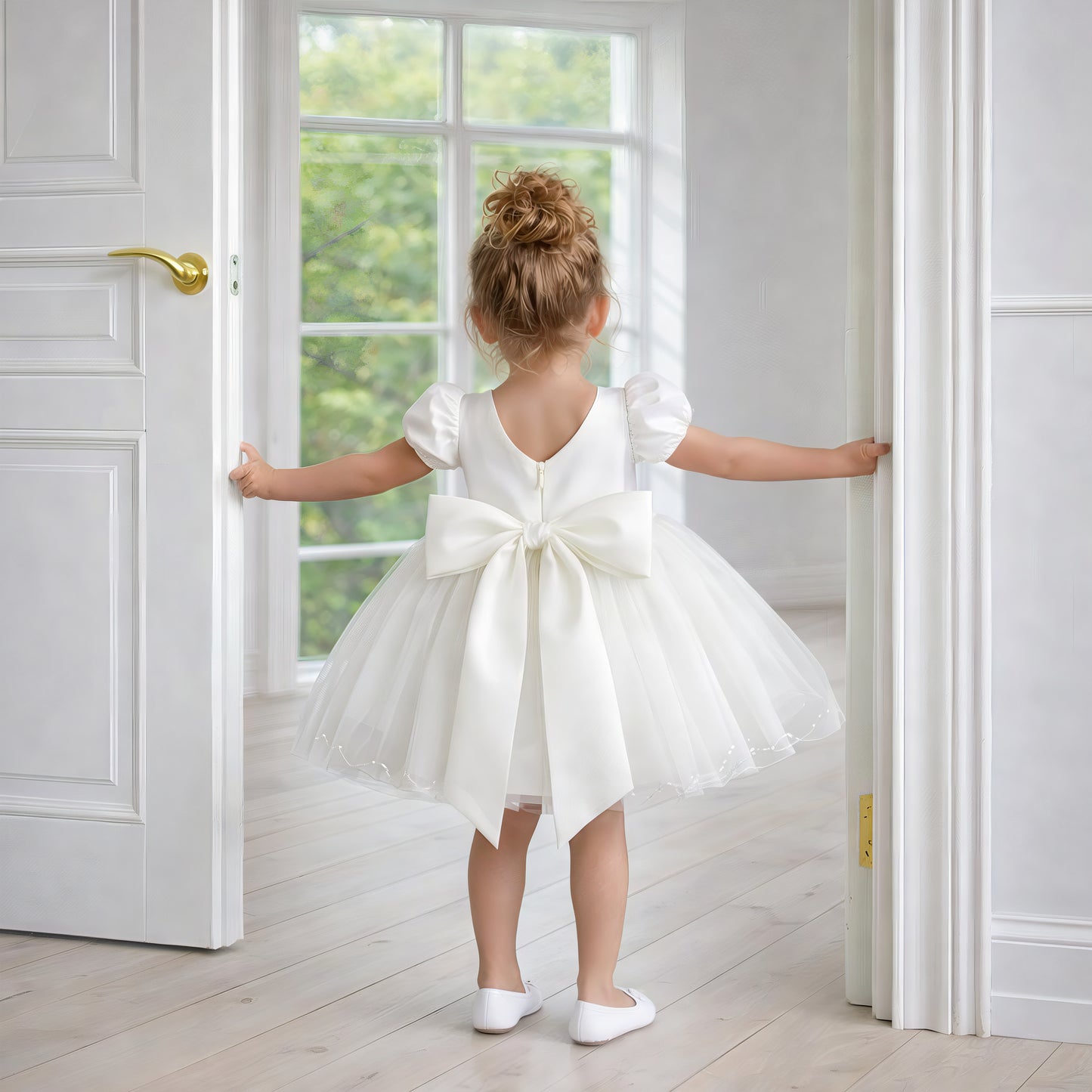 Ivory Satin Puff Sleeve Tutu Dress with Oversized Bow