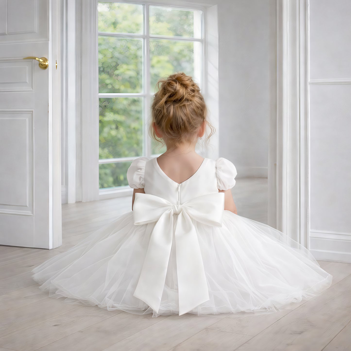 Ivory Satin Puff Sleeve Tutu Dress with Oversized Bow