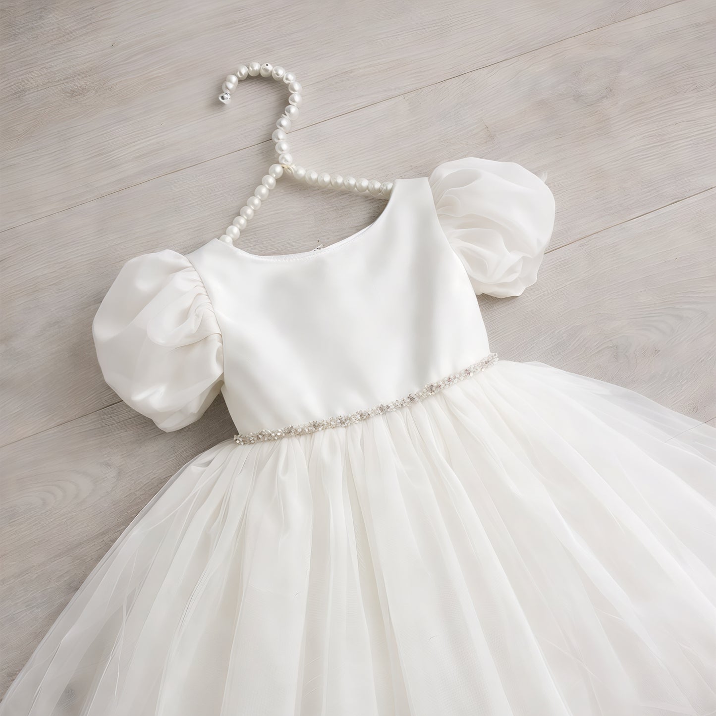 Ivory Satin Puff Sleeve Tutu Dress with Oversized Bow