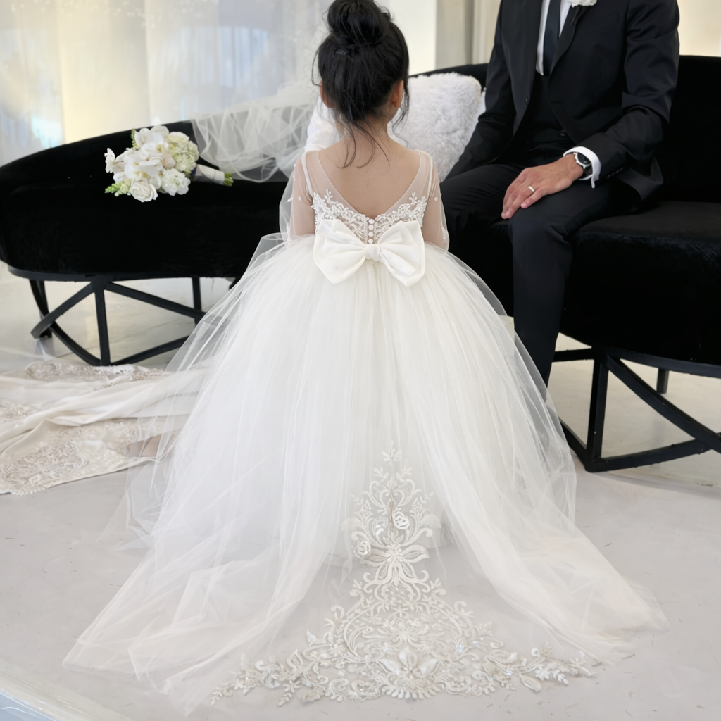 White Lace Cathedral-Train Flower Girl Gown