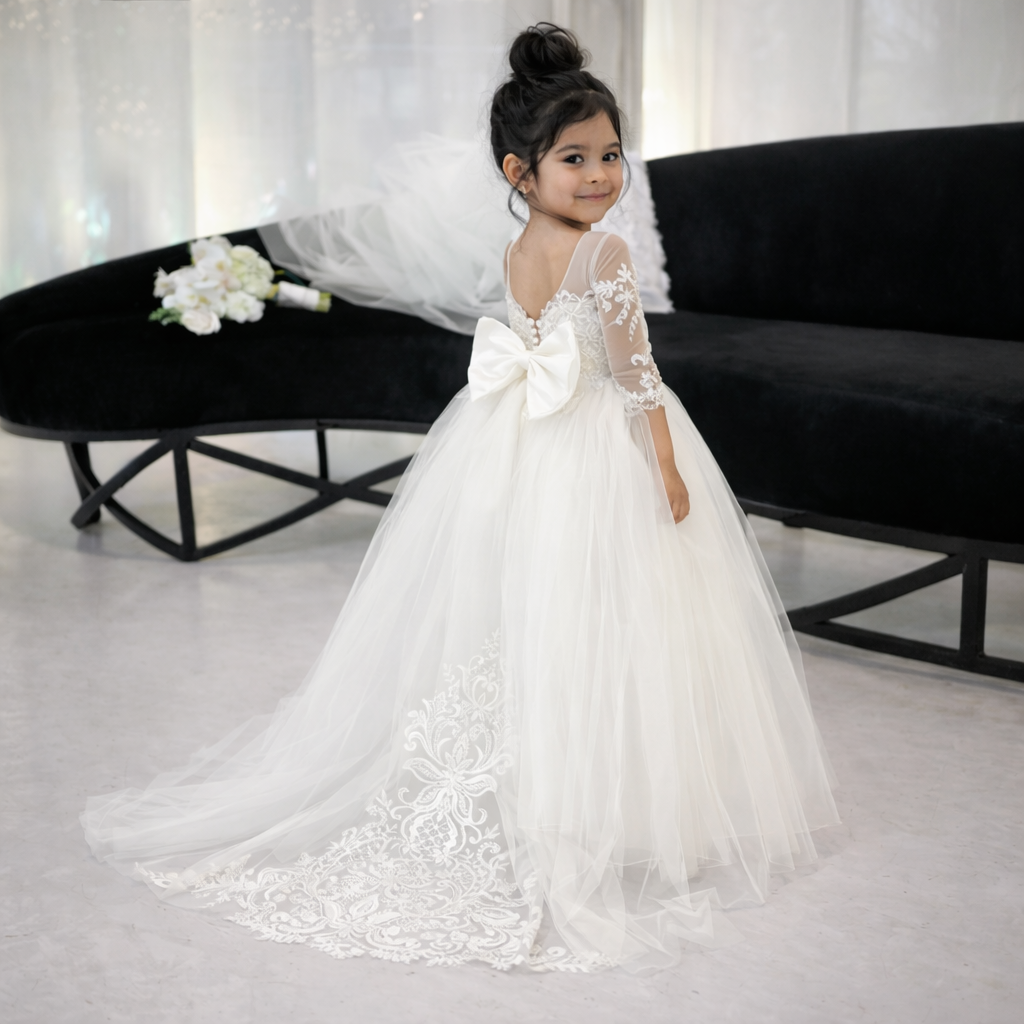 White Lace Cathedral-Train Flower Girl Gown