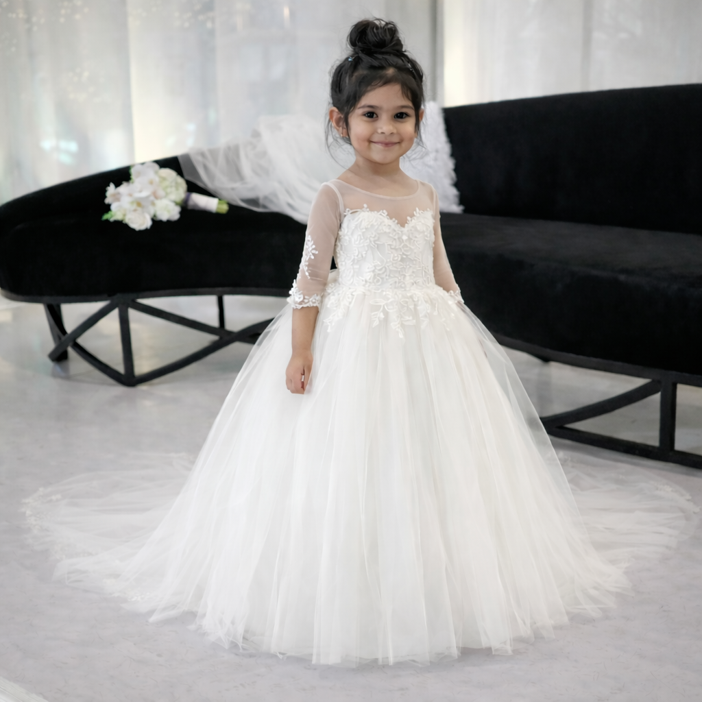 White Lace Cathedral-Train Flower Girl Gown
