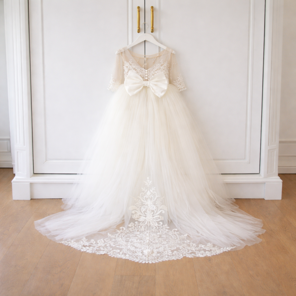 White Lace Cathedral-Train Flower Girl Gown