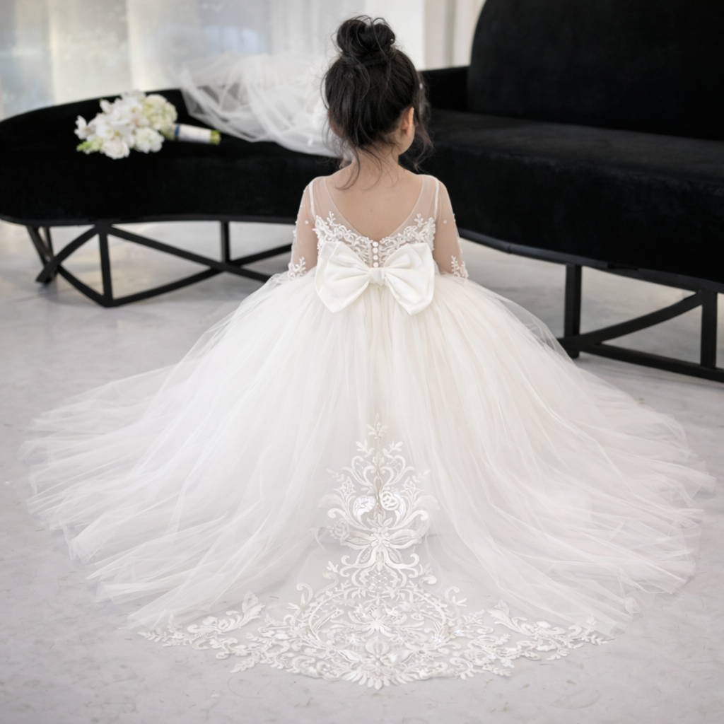 White Lace Cathedral-Train Flower Girl Gown