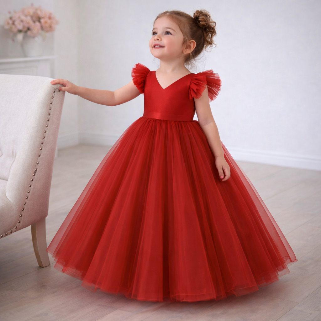 Bright Red Floor-Length Princess Tutu Dress with Flutter Sleeves