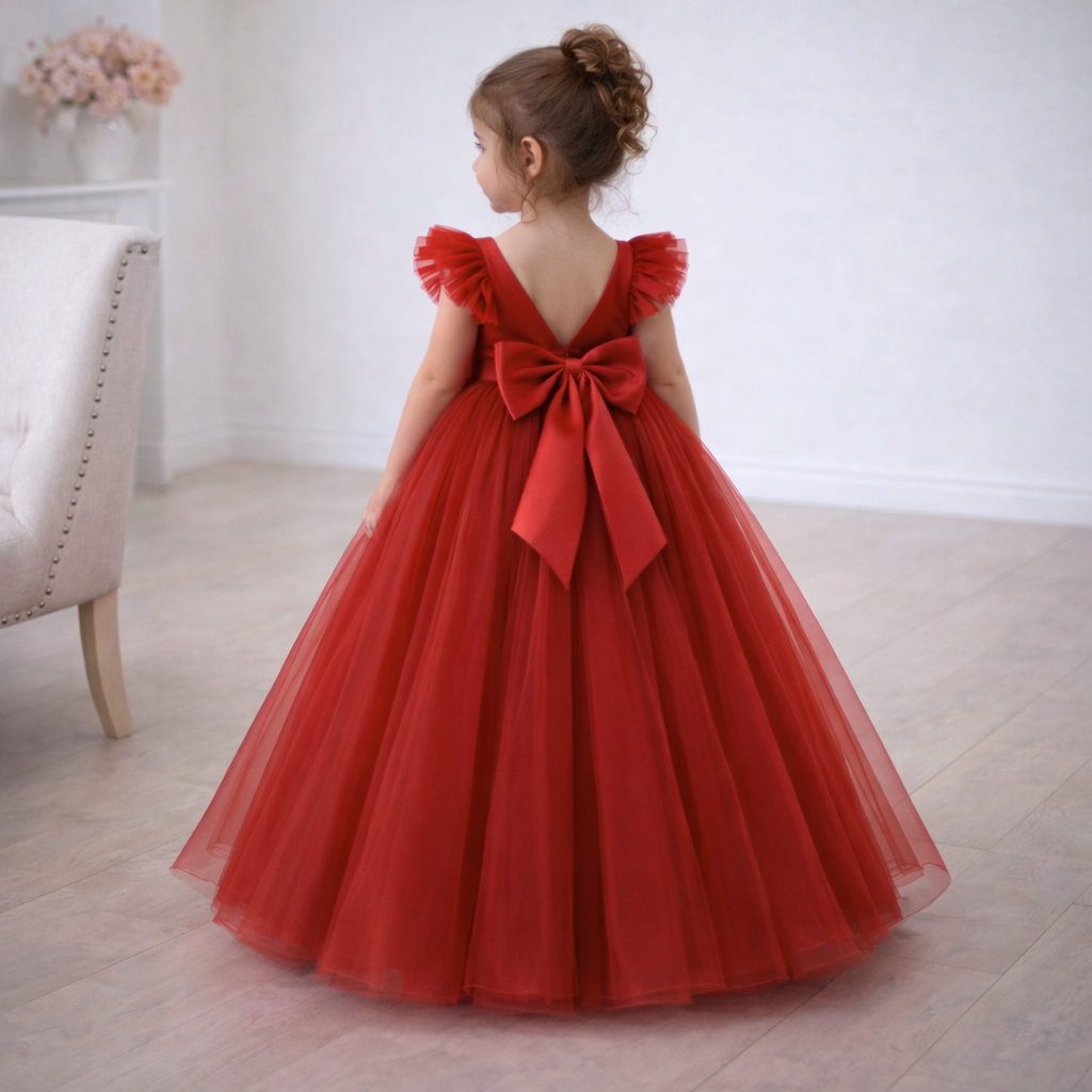 Bright Red Floor-Length Princess Tutu Dress with Flutter Sleeves