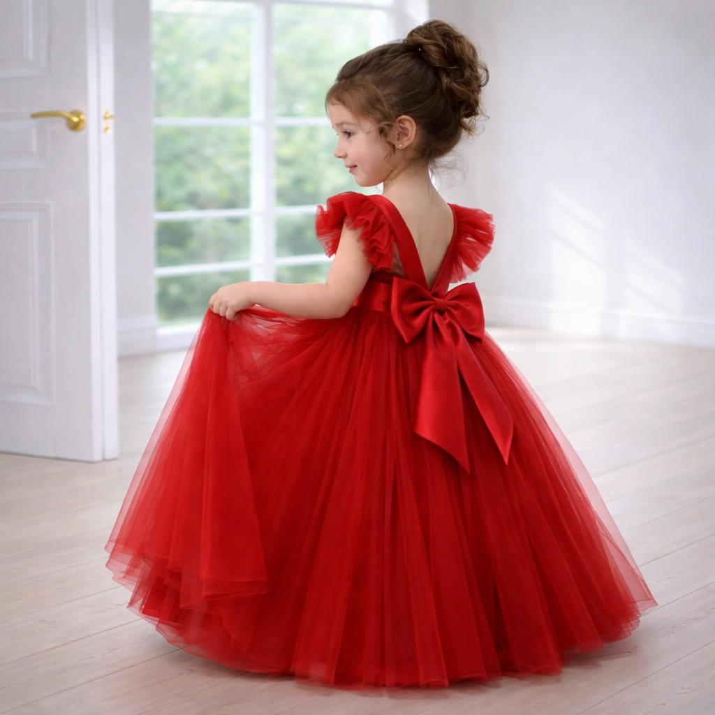 Bright Red Floor-Length Princess Tutu Dress with Flutter Sleeves