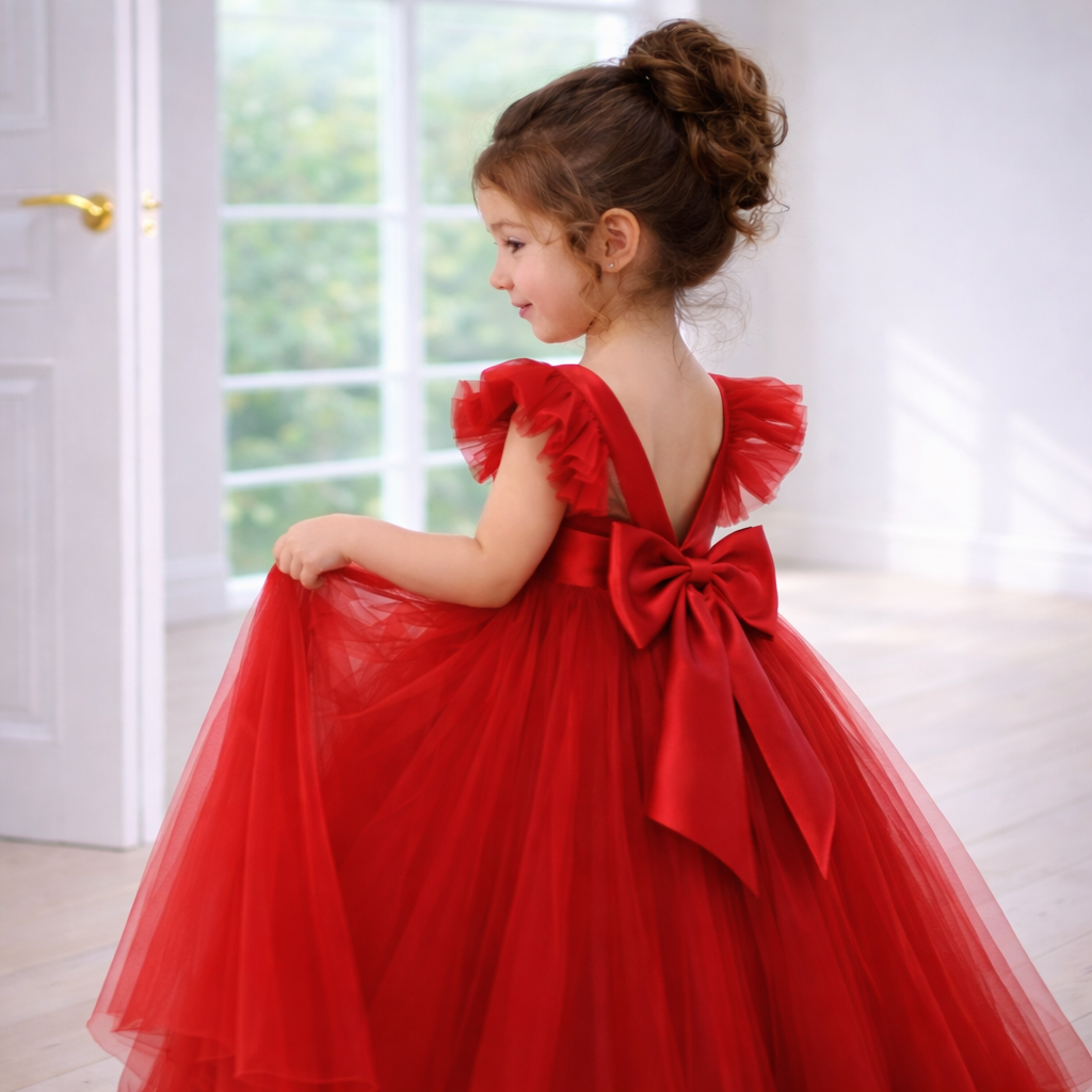 Bright Red Floor-Length Princess Tutu Dress with Flutter Sleeves