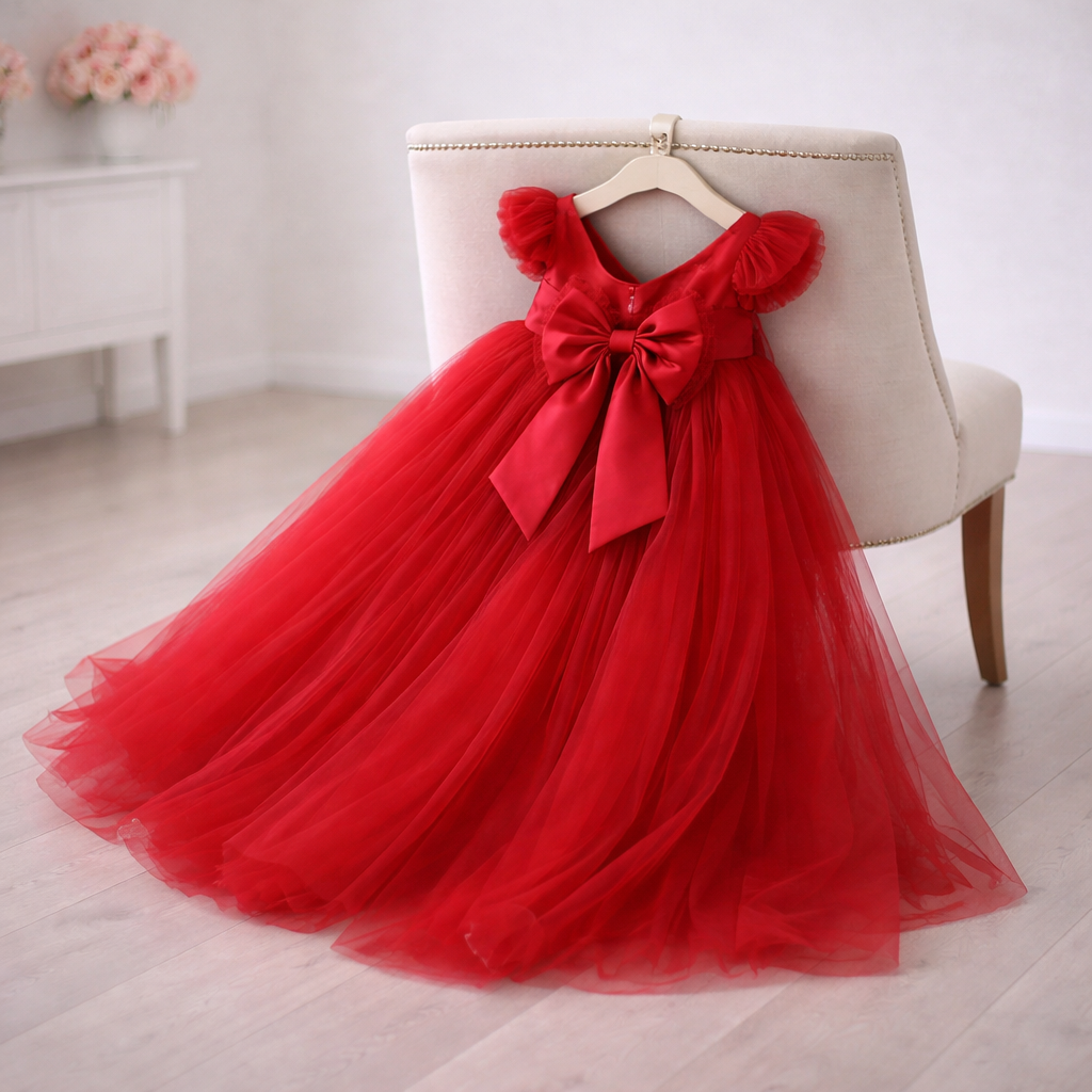 Bright Red Floor-Length Princess Tutu Dress with Flutter Sleeves