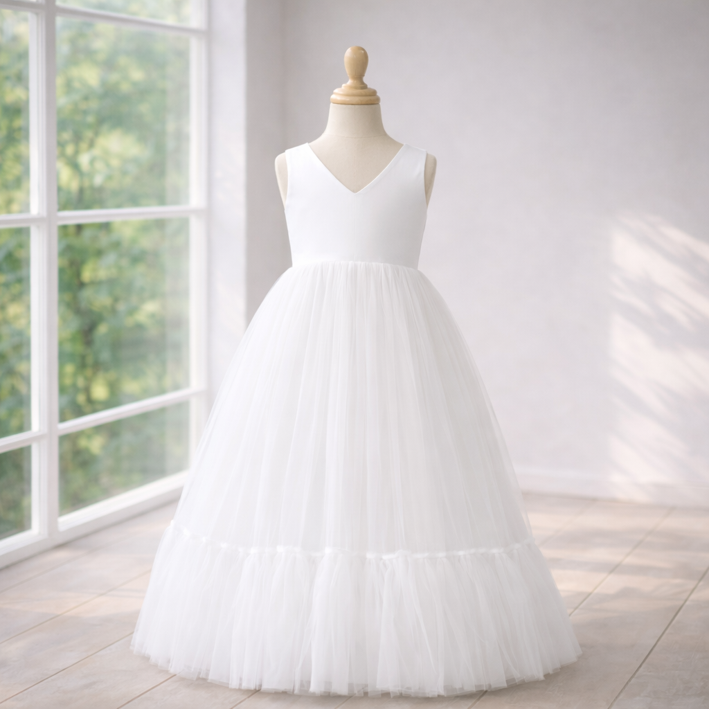 White Flower Girl Dress with Full Tulle Skirt