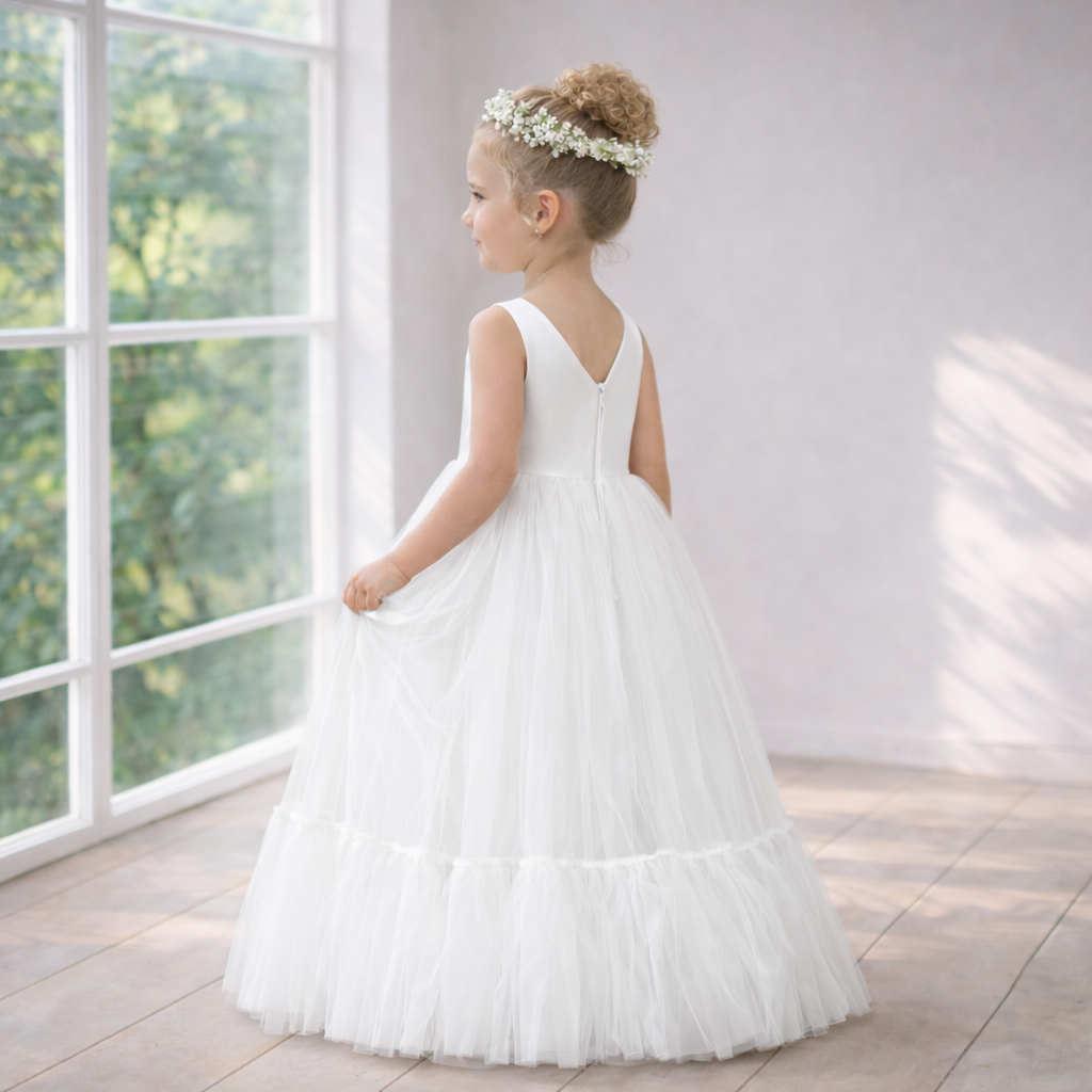 White Flower Girl Dress with Full Tulle Skirt