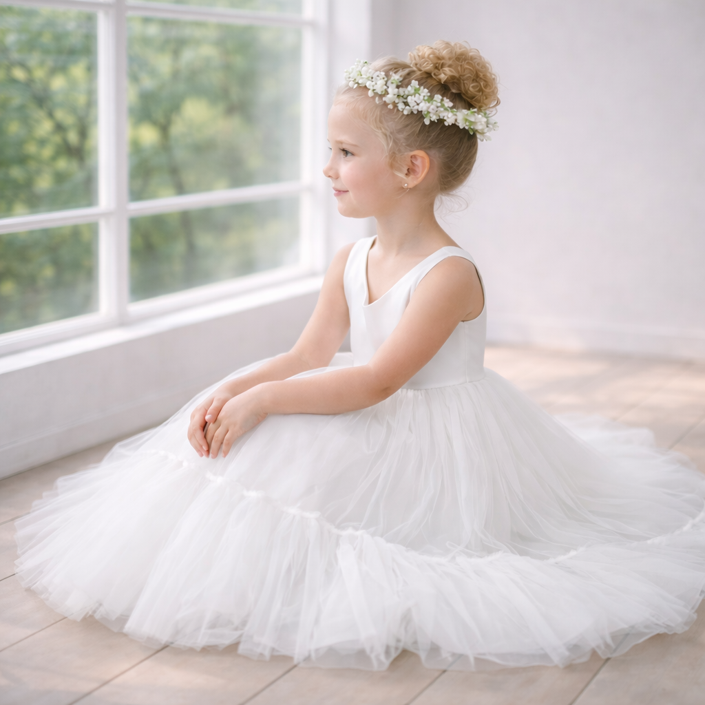 White Flower Girl Dress with Full Tulle Skirt