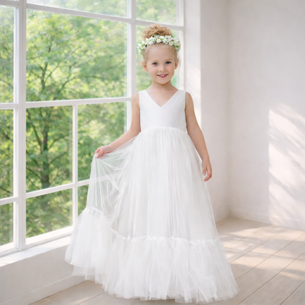 White Flower Girl Dress with Full Tulle Skirt