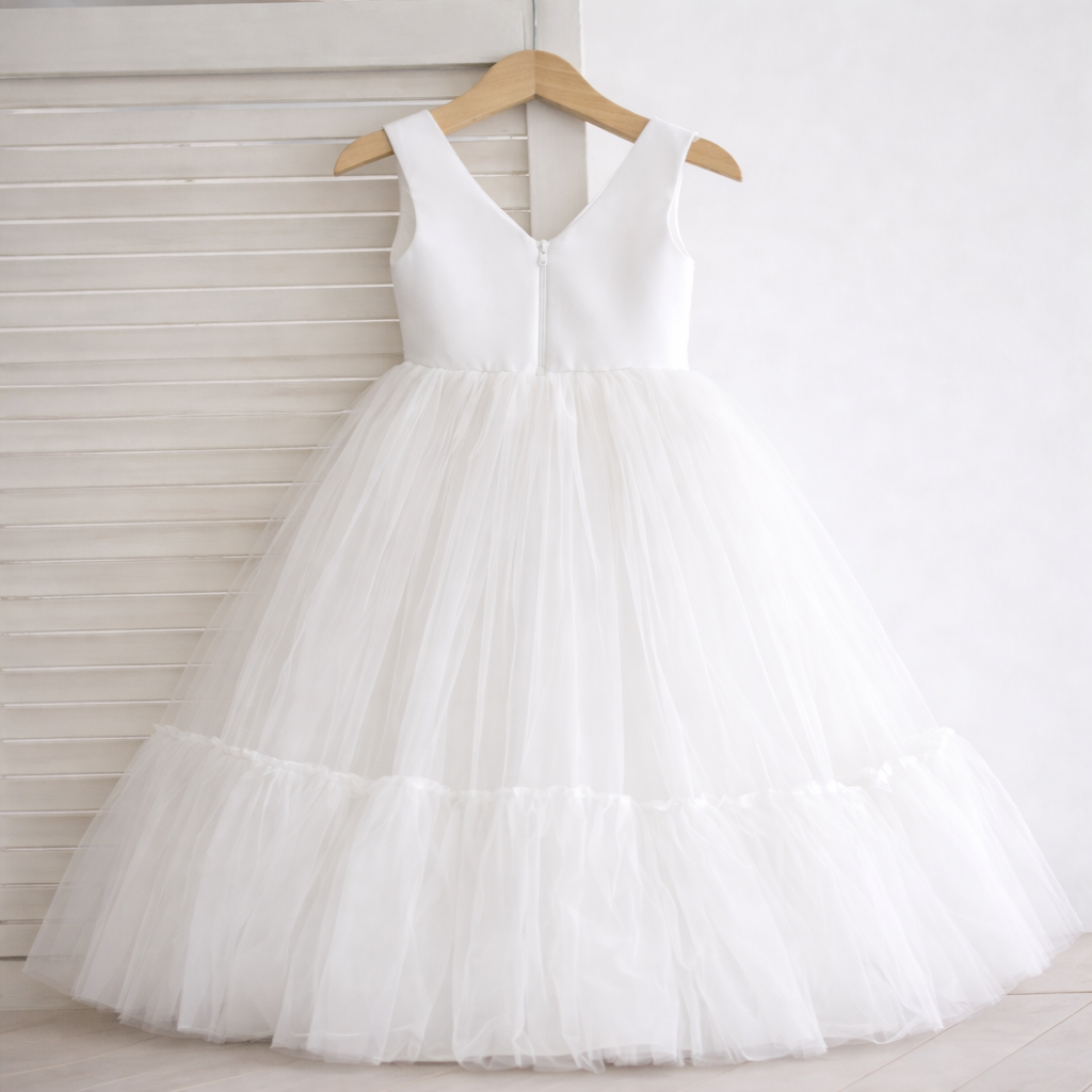 White Flower Girl Dress with Full Tulle Skirt