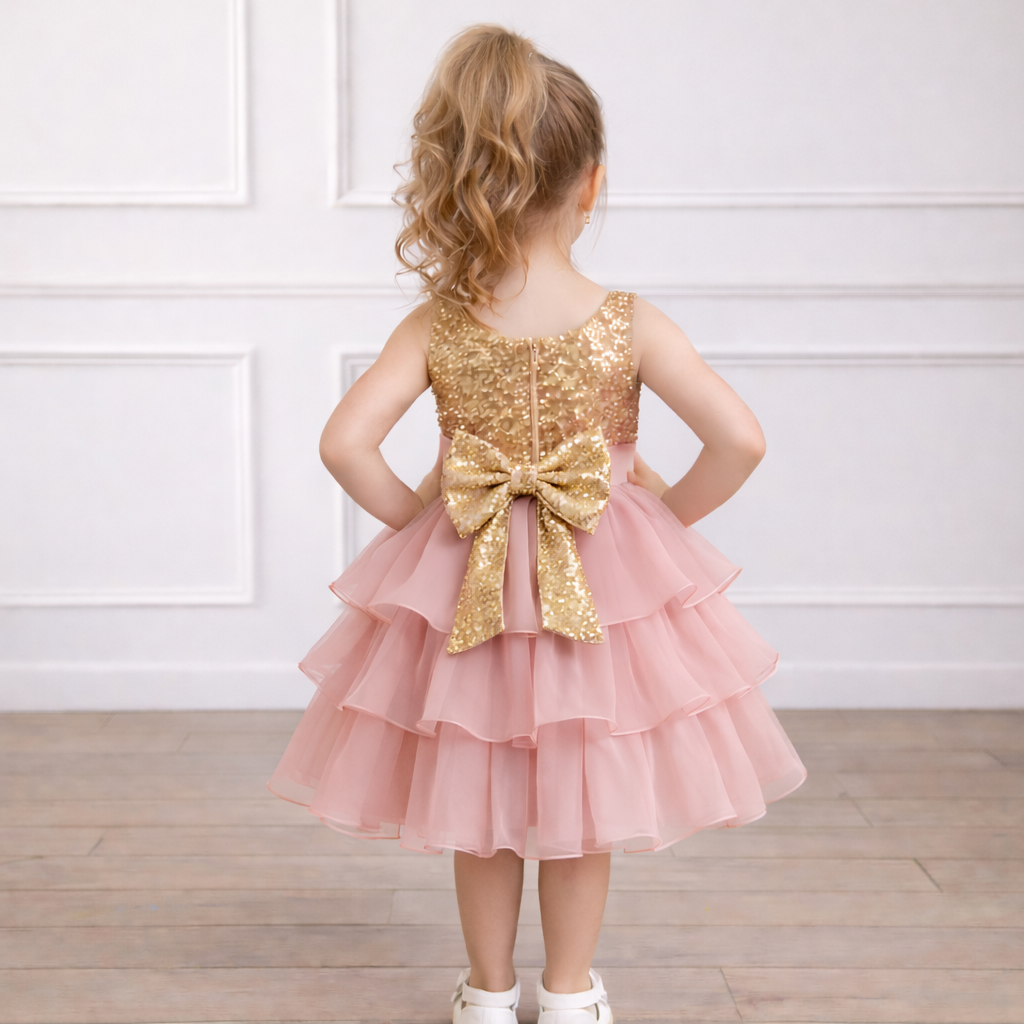 Gold Sequin & Blush Pink Tiered Ruffle Birthday Dress