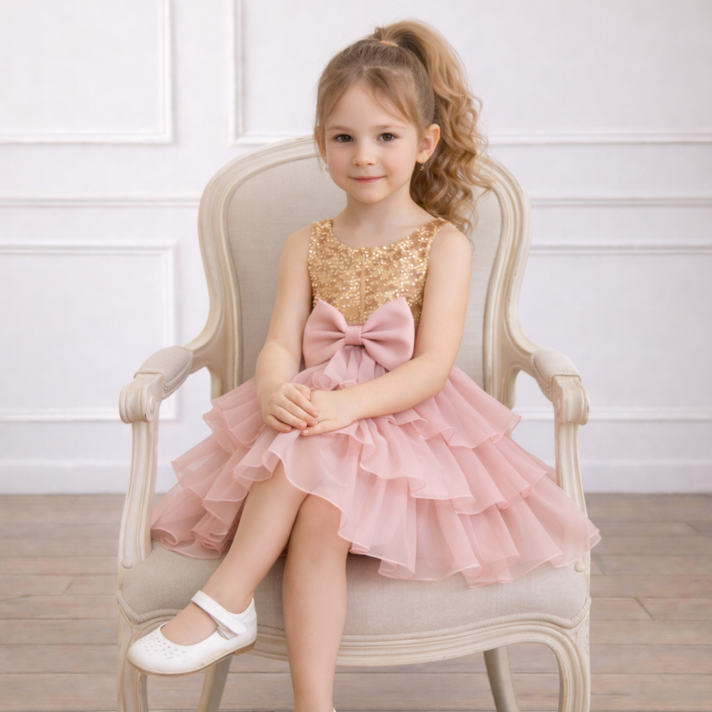 Gold Sequin & Blush Pink Tiered Ruffle Birthday Dress