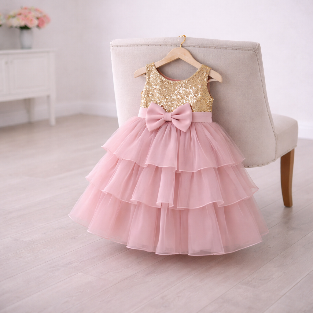 Gold Sequin & Blush Pink Tiered Ruffle Birthday Dress