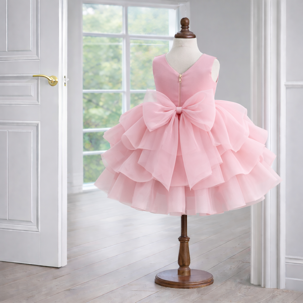 Pink Ruffle Organza Dress with Big Bow