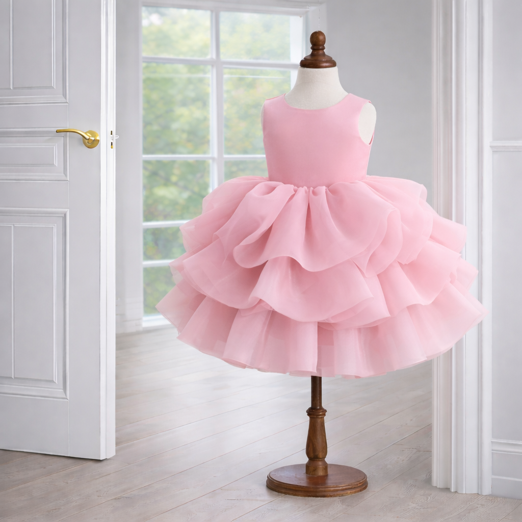 Pink Ruffle Organza Dress with Big Bow