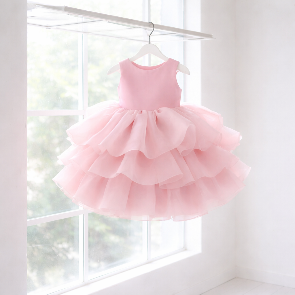 Pink Ruffle Organza Dress with Big Bow