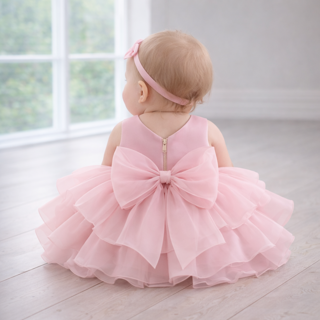 Pink Ruffle Organza Dress with Big Bow